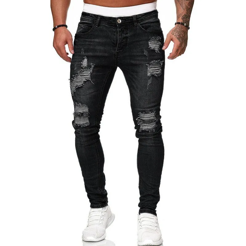 New Men's Ripped Jeans Slim Mid Waisted Jeans Pencil Pants